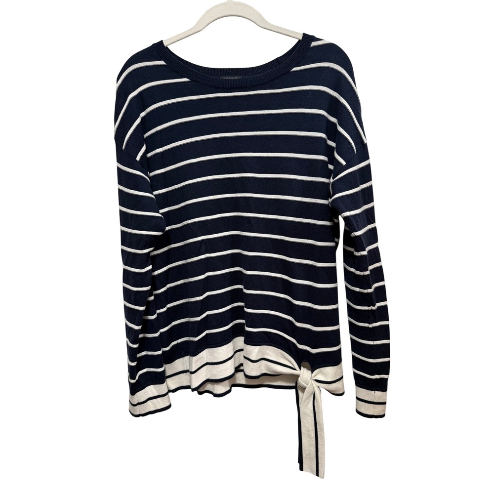 Ann Taylor Factory Womens L Navy White Striped Side Tie Cotton Knit Sweater Top